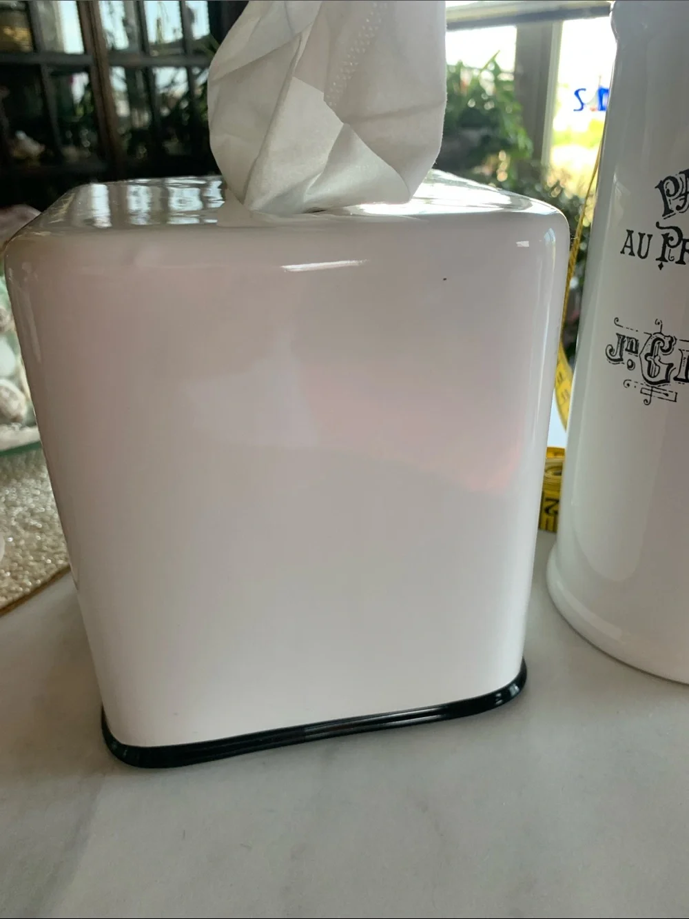 White Ceramic Tissue Dispenser & Ceramic Parisian Apothecary Jar Set Like New